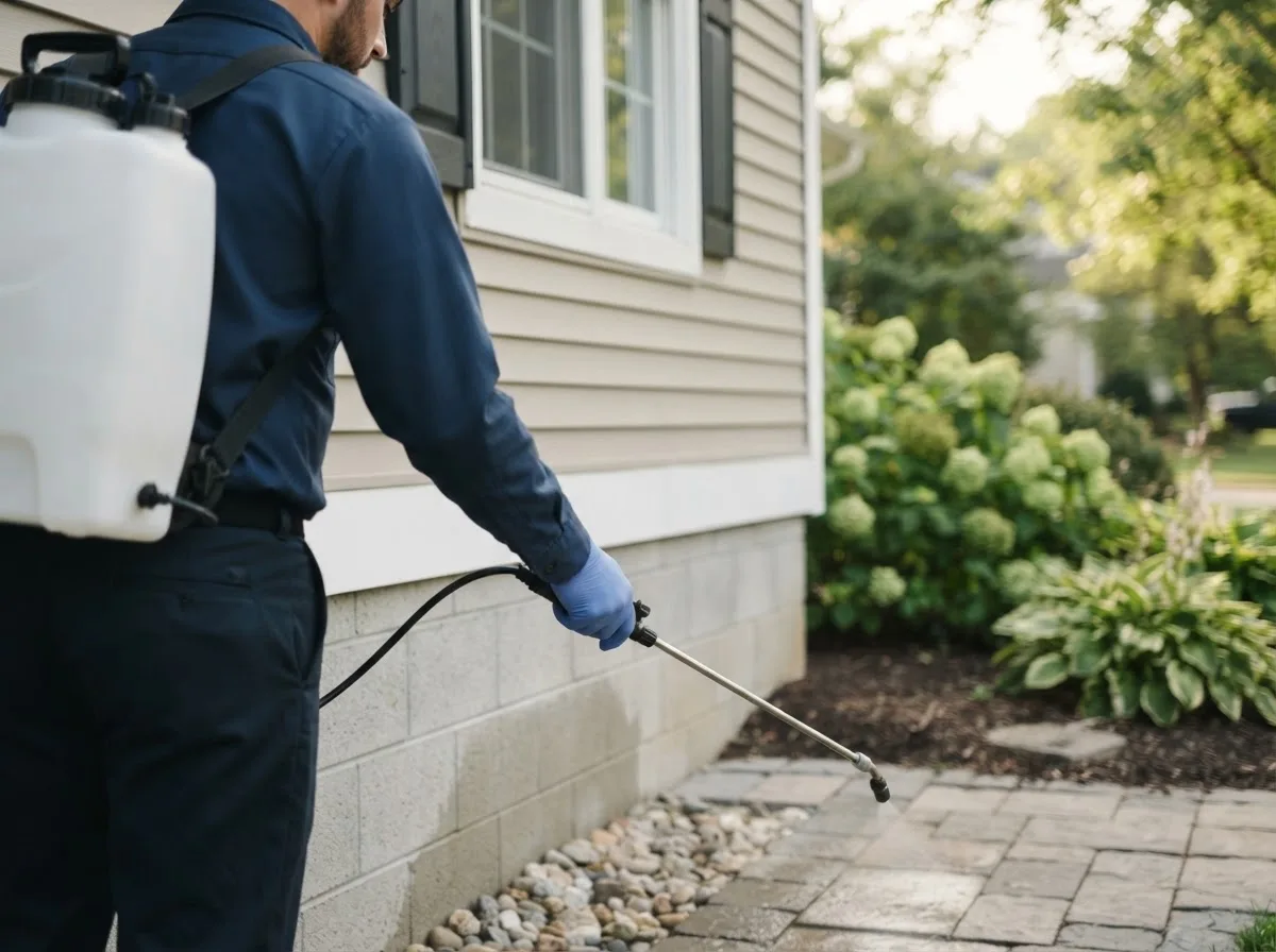 Pest control technician inspecting a home in Amherst, TX